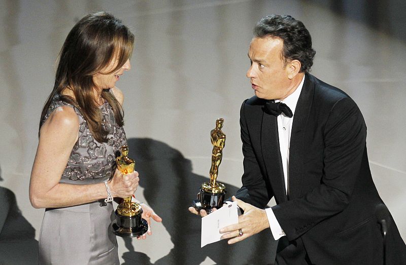 Presenter Hanks hands  Bigelow her Oscar for best motion picture for her work in "The Hurt Locker" during 82nd Academy Awards in Hollywood