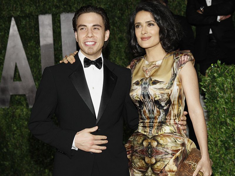 Speed skater Apolo Ohno and actress Salma Hayek arrive at the 2010 Vanity Fair Oscar party in West Hollywood