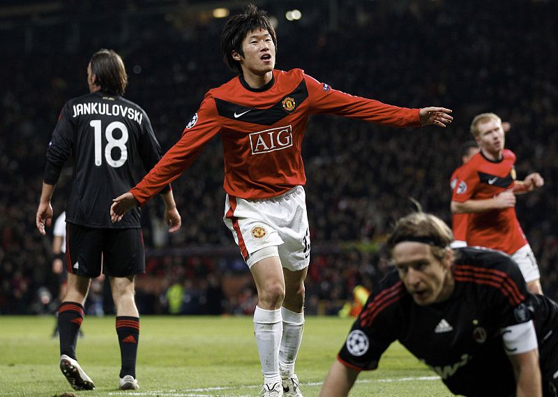 Manchester United's Park celebrates after scoring during their Champions League last 16, second leg soccer match against AC Milan at Old Trafford in Manchester