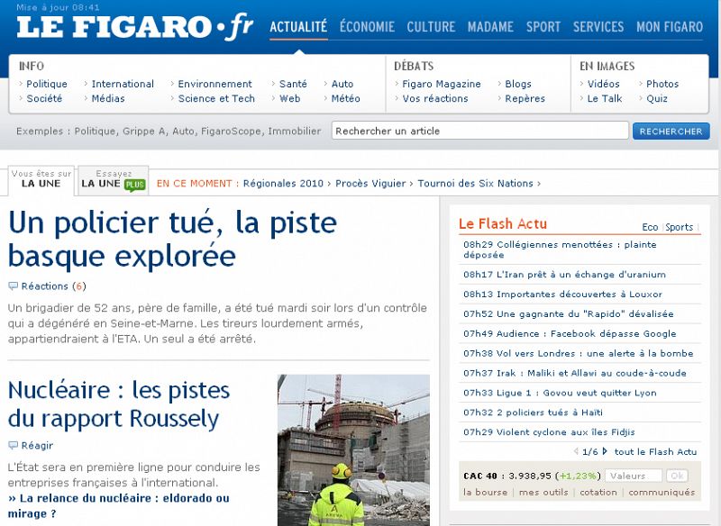 "Un policía muerto, se sigue la pista vasca", es el título con el que abre Le Figaro