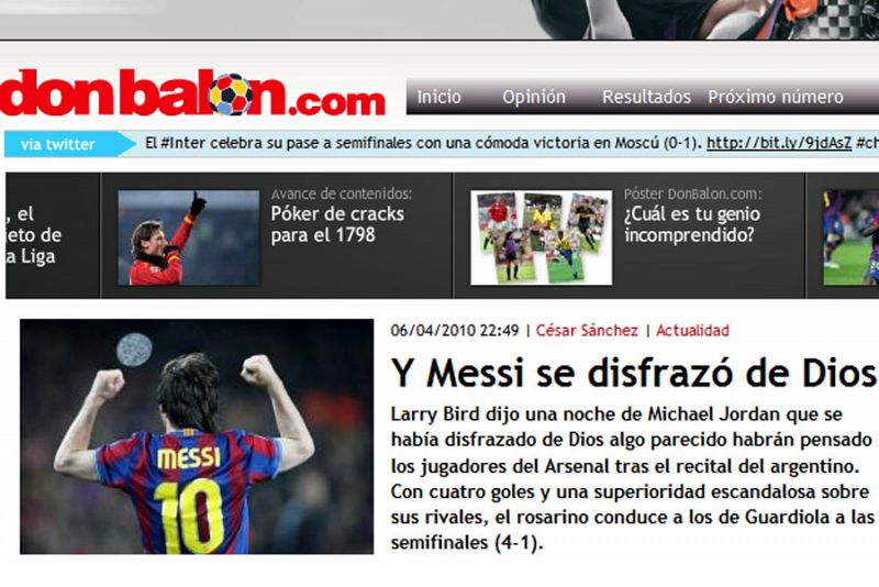 La revista 'Don Balón' recuerda la frase que Larry Bird dedicó a Michael Jordan para retratar el partido de Messi ante el Arsenal: "Y Messi se disfrazó de Dios".