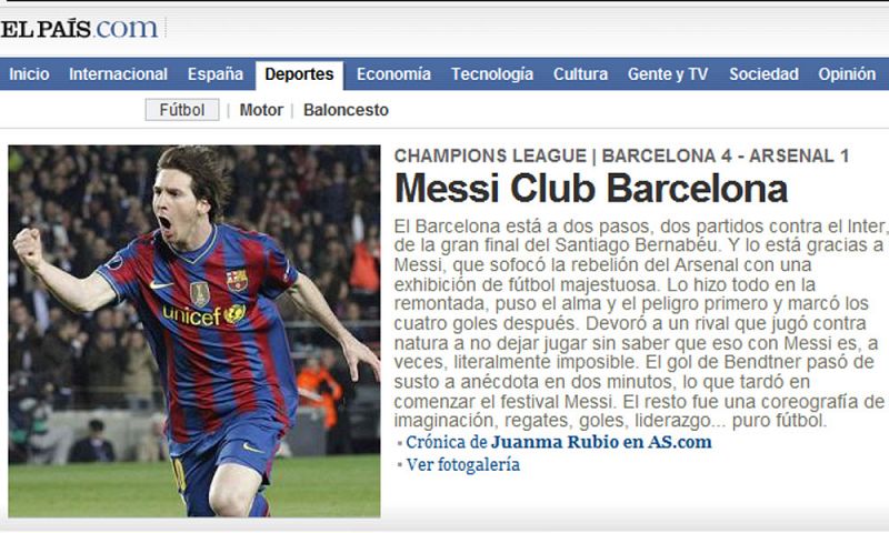 'El País' elimina el término fútbol del nombre del Barcelona para poner el de Messi, un jugador que ha demostrado ser "puro fútbol".