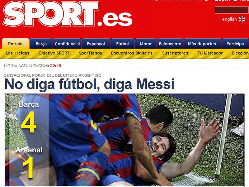 "No diga fútbol, diga Messi". Así titula el diario Sport, que se rinde ante el "sensacional póker" de goles del argentino.