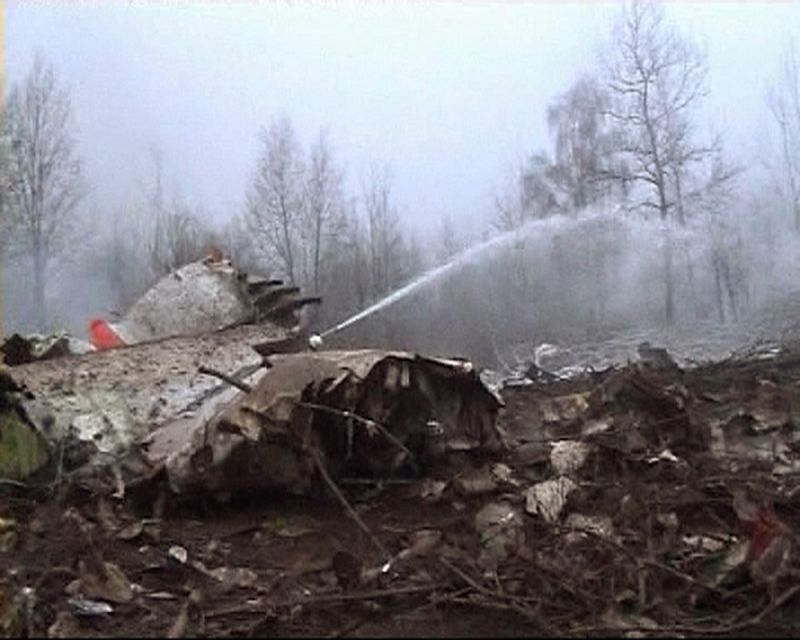 Image from video footage shows the wreckage of a Polish government Tupolev Tu-154 aircraft after it crashed near Smolensk airport in western Russia