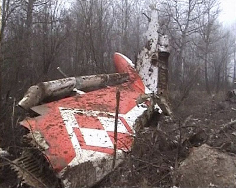 Image from video footage shows part of the tail of a Polish government aircraft after it crashed near Smolensk airport in western Russia