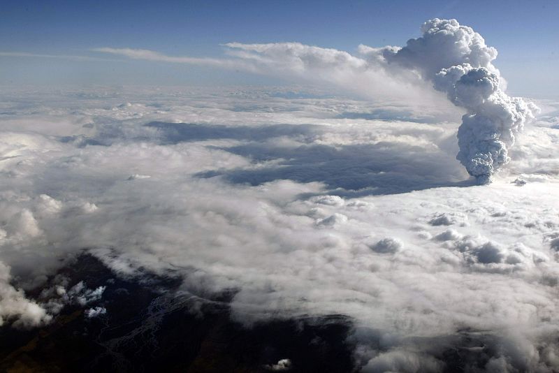 An aerial handout photo from the Icelandic Coast Guard shows a plume of steam rising 22,000 feet (6700 meters) from a crater under about 656 feet (200 metres) of ice at the Eyjafjallajokull glacier in southern Iceland