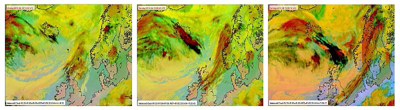 A cloud of volcanic ash is seen spreading from the southern side of Iceland in this combination of handout satellite photographs