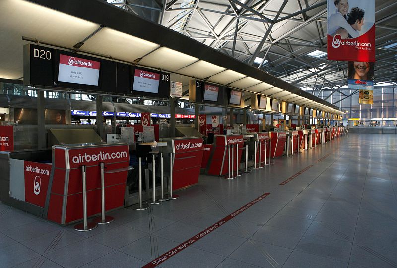 Empty counters of German airline Air Berlin are seen at the western German airport of Cologne-Bonn in the evening hours