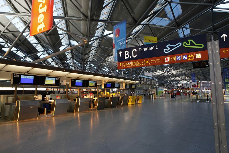 The terminal of the closed Cologne-Bonn airport is seen in the evening hours