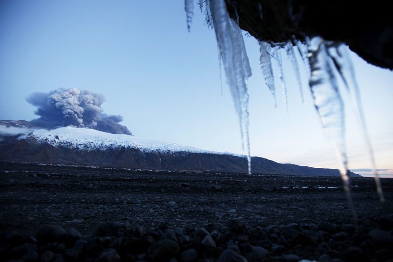 Icicles hang from a cliff as a volcano continues to erupt near  Eyjafjallajokull