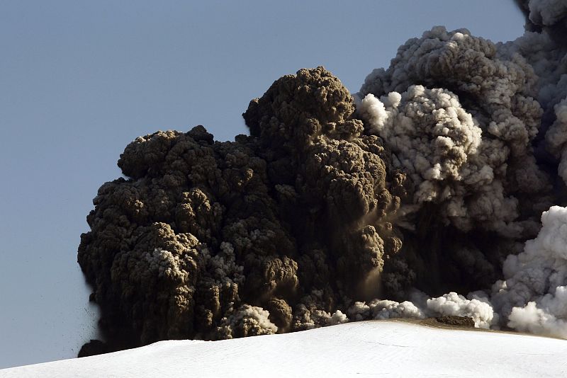 Smoke and ash billow from a volcano in Eyjafjallajokull