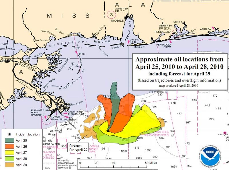La Adminitración Nacional de los Océanos y la Atmósfera (NOAA, en inglés) hace un seguimiento diario de la evolución de la mancha de fuel.