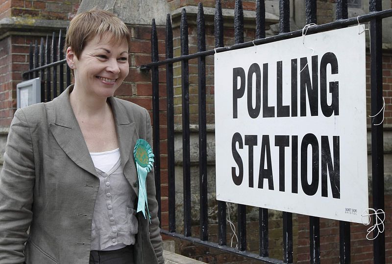 Prospective British parliamentary candidate and Green Party leader Lucas arrives to cast her vote in Brighton