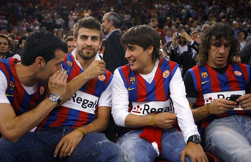 Barcelona's soccer players are pictured during the Euroleague Basketball Final Four final game between Olympiacos Piraeus and Regal FC Barcelona in Paris