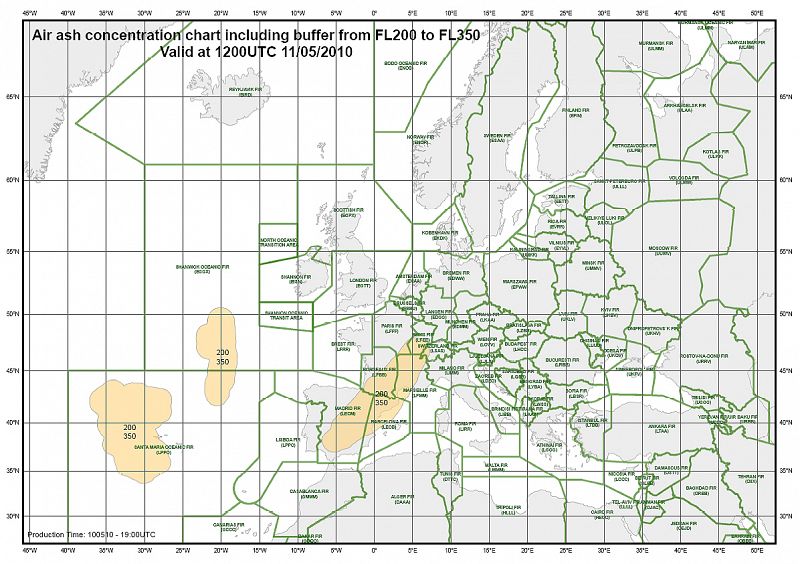 Concentración de las cenizas del volcán islandés entre los 20.000 y 35.000 pies