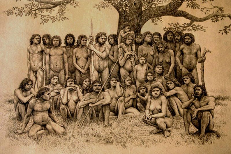 Reconstrucción de los más de treinta individuos de Homo heidelbergensis ("pre-neandertales") cuyos fósiles se han encontrado en la Sima de los Huesos de Atapuerca. Los restos corresponden a personas de ambos sexos y diversas edades (niños, adolescen