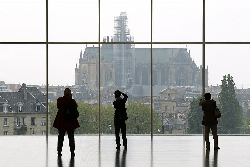 Visitors look at the Cathedral during a visit of the Centre Pompidou-Metz museum