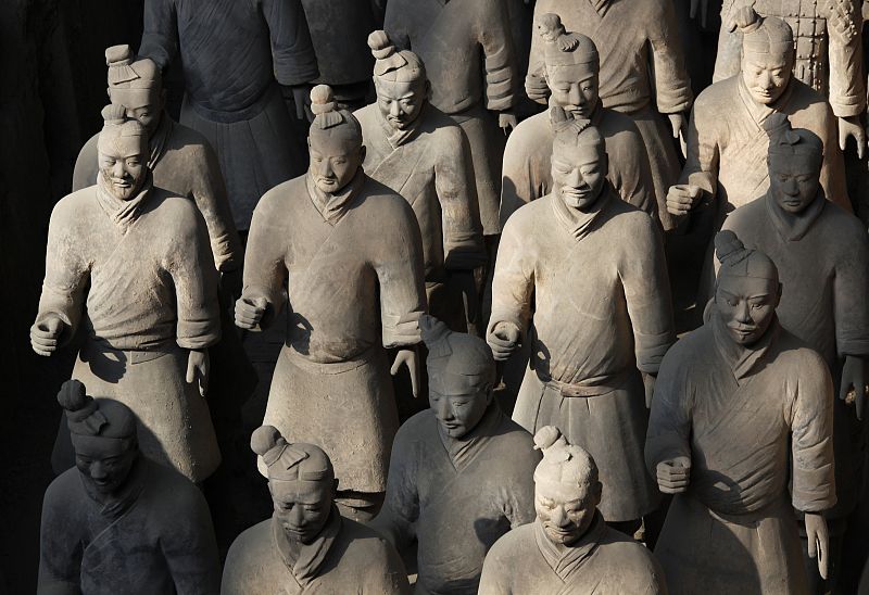 Terracotta warriors stand in rows at the excavation site located on the outskirts of the Chinese city of Xian