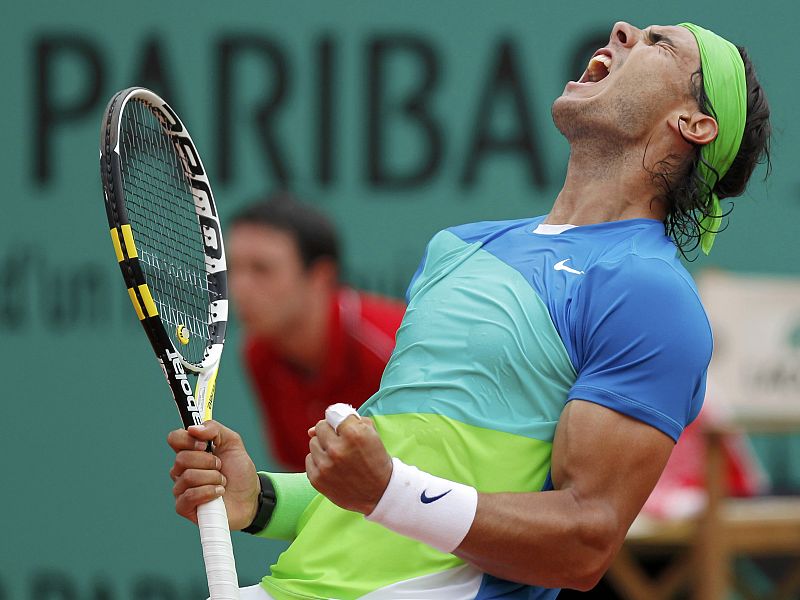 Rafael Nadal of Spain reacts during his men's final against Robin Soderling of Sweden at the French Open tennis tournament at Roland Garros, in Paris