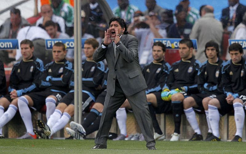 Argentina's coach Maradona shouts to his players during 2010 World Cup Group B soccer match against Nigeria in Johannesburg