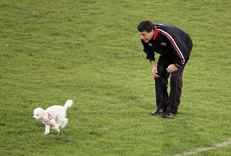 El técnico Brindisi observa a un perro que se había colado en uno de los entrenamientos para preparar los cuartos de final de la Copa Libertadores