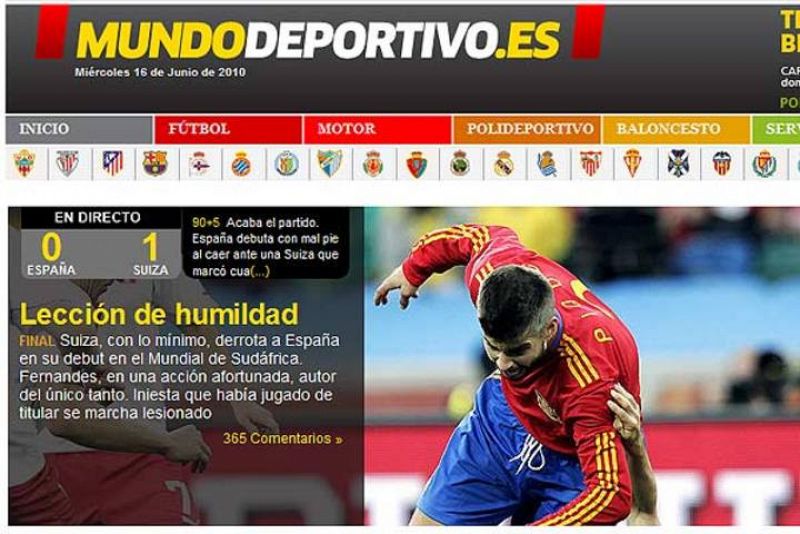 Una lección de humildad es la que han recibido los de Del Bosque ante Suiza, según El Mundo Deportivo.