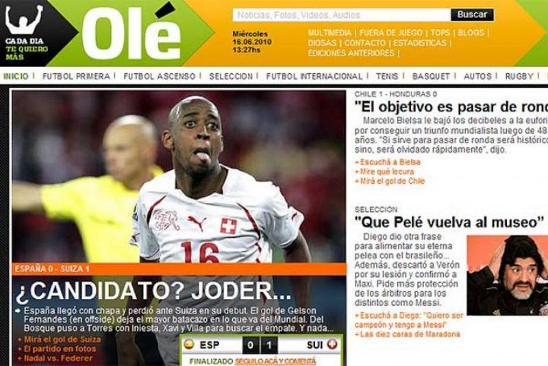 La web del argentino 'Olé' hace sangre con las aspiraciones de España en el Mundial.