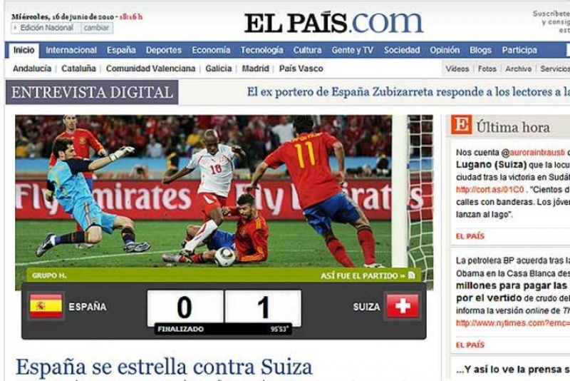 "España se estrella contra Suiza", titula 'El País'