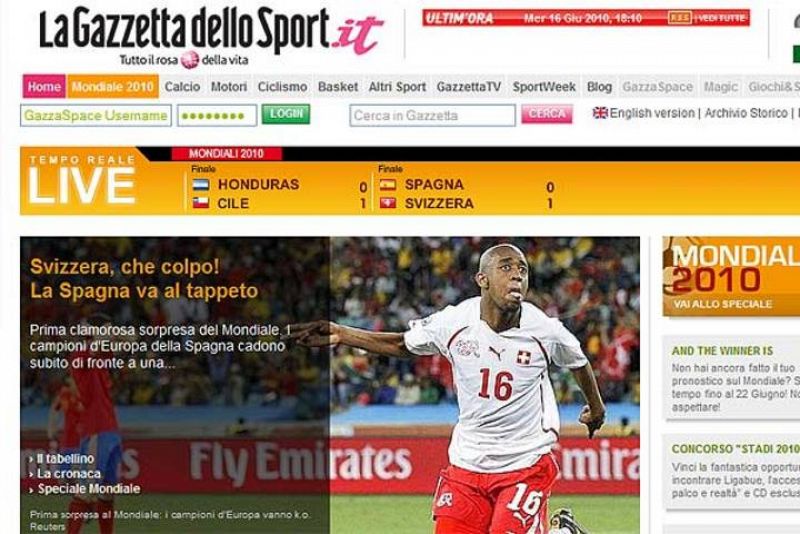 En 'La Gazzeta dello Sport' titulan: "Suiza, ¡qué golpe! España por los suelos".