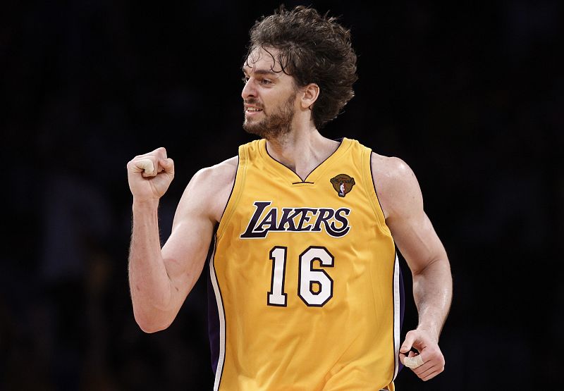 Lakers' Gasol celebrates a basket against the Celtics during Game 6 of the 2010 NBA Finals basketball series in Los Angeles