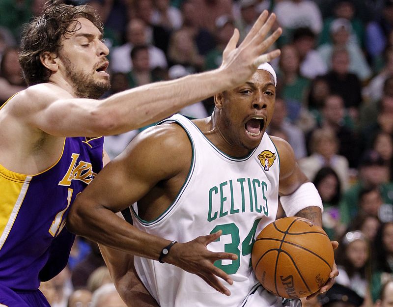 Boston Celtics Pierce is guarded by Los Angeles Lakers Gasol during Game 5 of the 2010 NBA Finals basketball series in Boston