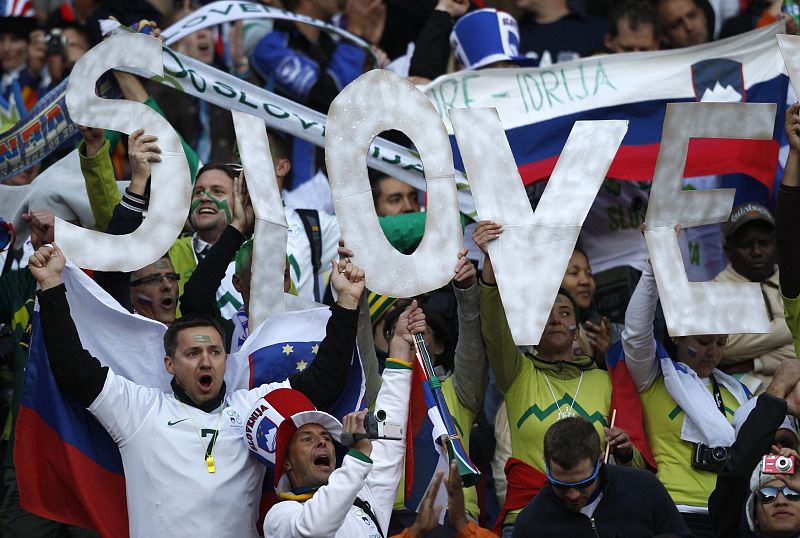 Fans of the Slovenia soccer team await 2010 World Cup Group C soccer match against USA at Ellis Park stadium in Johannesburg