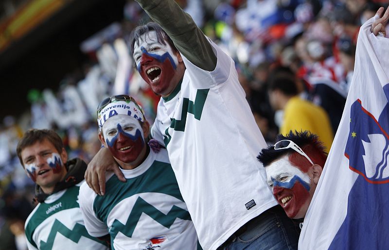 Fans of the Slovenia soccer team await 2010 World Cup Group C soccer match against USA at Ellis Park stadium in Johannesburg