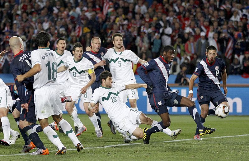 Maurice Edu of the US takes a shot at a goal which was later disallowed at Ellis Park stadium