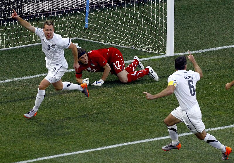 New Zealand's Shane Smeltz celebrates scoring a goal during their 2010 World Cup Group F soccer match against Italy at Mbombela stadium in Nelspruit