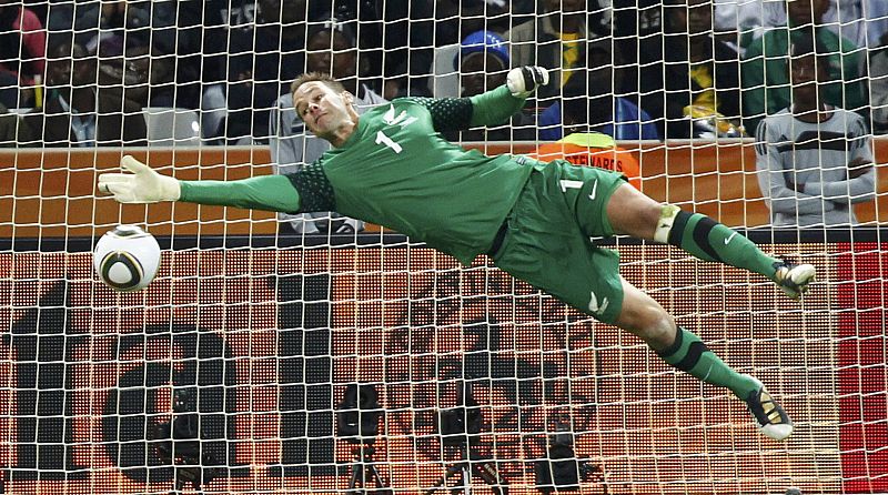 New Zealand's  goalkeeper Mark Paston makes a save during the 2010 World Cup Group F soccer match against Italy at Mbombela stadium in Nelspruit