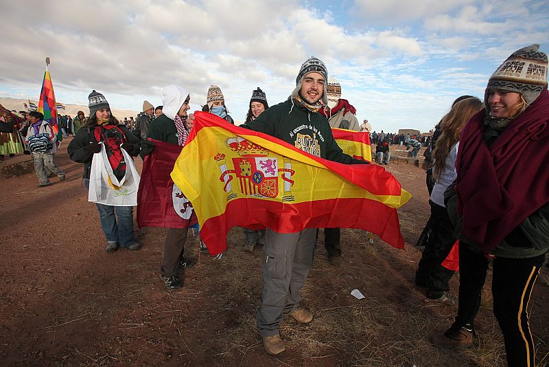 Aficionados españoles en las gradas del Ellis Park de Johannesburgo, donde España y Honduras jugarán hoy en partido correspondiente a la tercera jornada del grupo H del Mundial de Sudáfrica 2010.