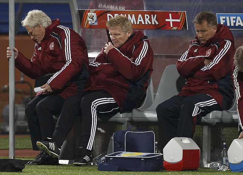 Denmark's Coach Olsen reacts during the 2010 World Cup Group E soccer match against Japan in Rustenburg