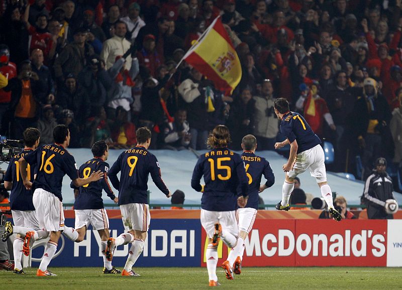 Spain's Villa celebrates after scoring against Chile during a 2010 World Cup Group H match at Loftus Versfeld stadium in Pretoria