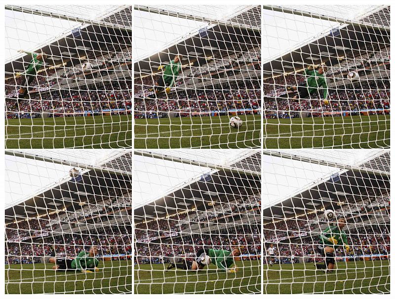 Montaje de fotos que muestran el gol que Inglaterra ha marcado a Alemania pero que no ha sido tenido en cuenta por el árbitro