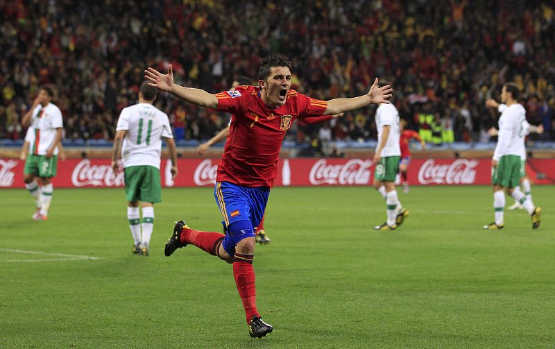 Spain's Villa celebrates after scoring against Portugal during the 2010 World Cup second round soccer match at Green Point stadium in Cape Town