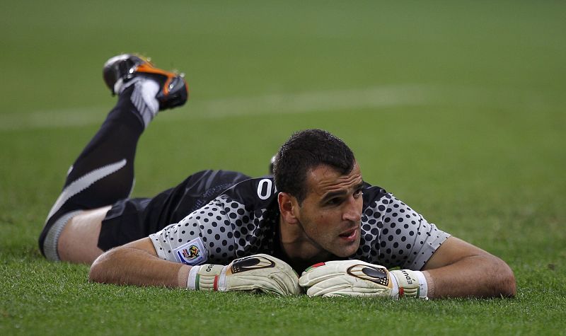 Portugal's goalkeeper Eduardo reacts after saving a shot on goal by Spain during World Cup second round soccer match at Green Point stadium in Cape Town