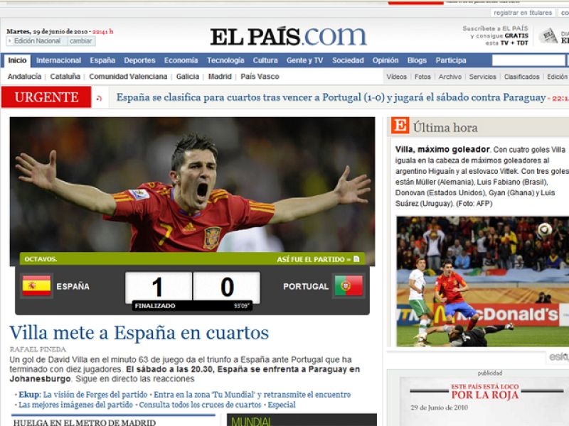 El País destacaba en su edición digital que el gol de Villa metía a España en cuartos