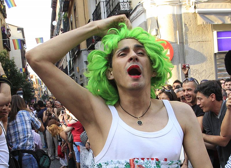 Man takes part in the annual race on high heels during EuroPride celebrations, in the quarter of Chueca in Madrid