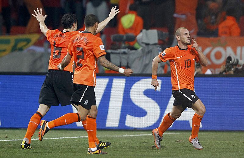 Netherlands' Wesley Sneijder celebrates his goal during the 2010 World Cup quarter-final soccer match against Brazil in Port Elizabeth