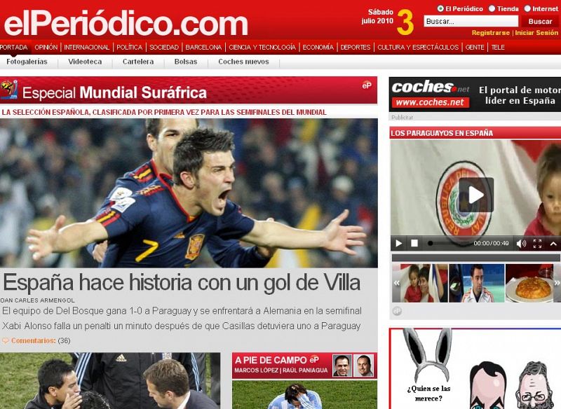 "España hace historia con un gol de Villa", es el descriptivo titular de 'El Periódico de Catalunya'