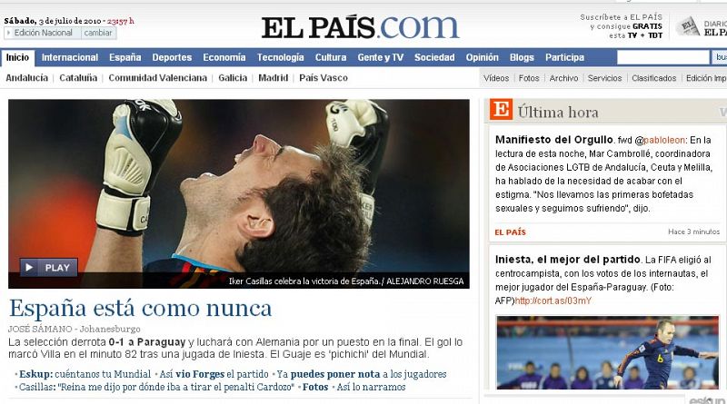 Para el diario 'El País' España "está como nunca" y dedica en su lugar la foto a Casillas, otro de los héroes del partido