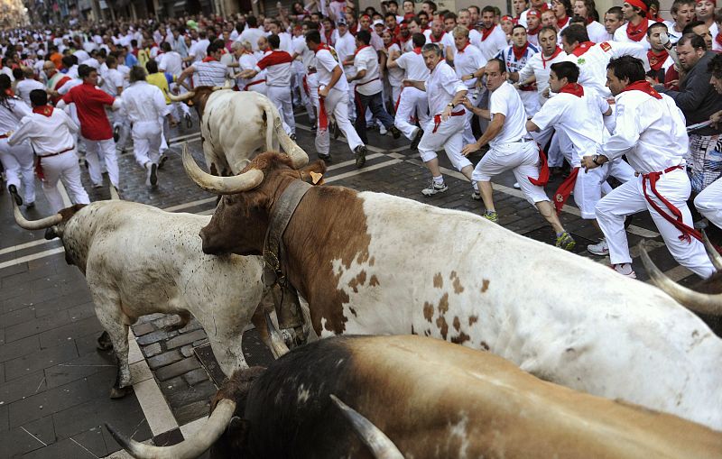 Runners take the Estafeta corner next to Penajara fighting bulls during the first running of the bulls on the second day of the San Fermin festival in Pamplona