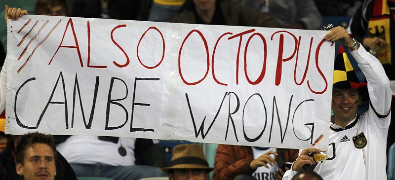 Germany fans hold up a sign before the 2010 World Cup semi-final soccer match between Germany and Spain at Moses Mabhida stadium in Durban