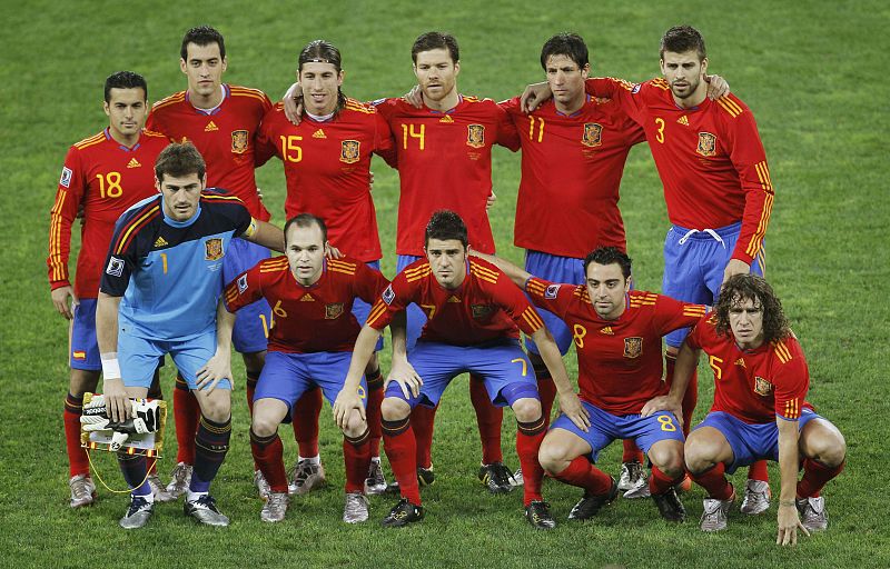 Spanish players pose for a team photograph before their 2010 World Cup semi-final soccer match against Germany at Moses Mabhida stadium in Durban